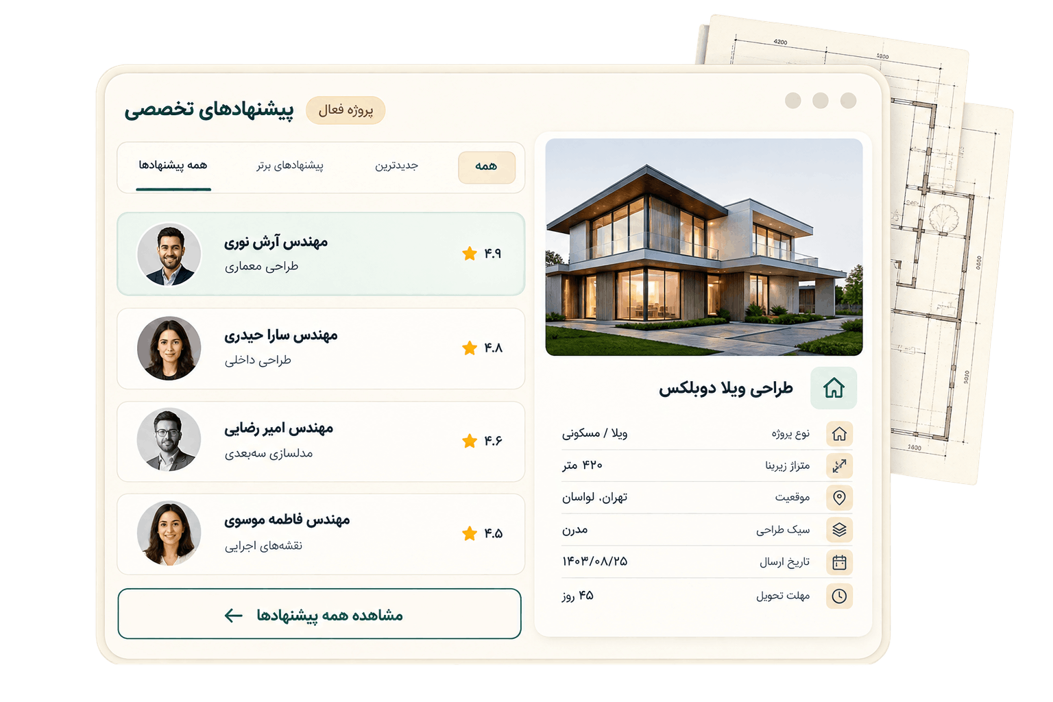 نمای نمونه از پیشنهادهای متخصصان و جزئیات یک پروژه در جابورک